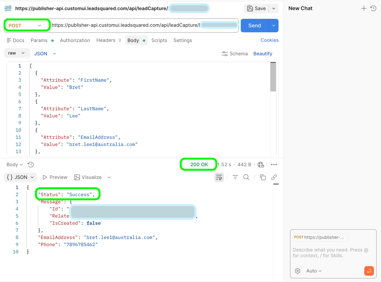 postman leadsquare test