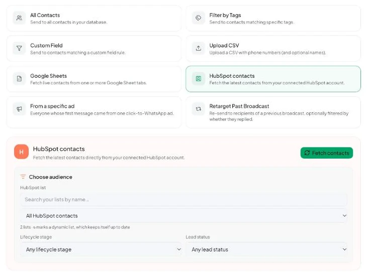 Vatli broadcast audience step with HubSpot contacts selected, a HubSpot list picker and lifecycle stage filters