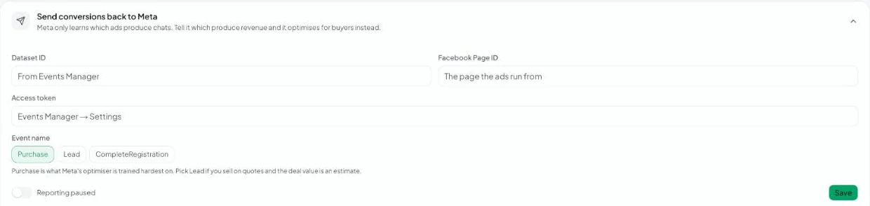 Send conversions back to Meta: dataset, page, token and the event to report.