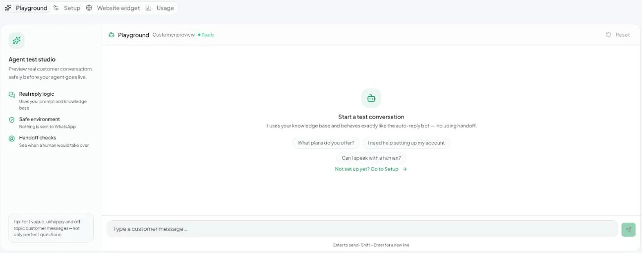 The Agent test studio: suggested questions on the left, a customer preview chat on the right.