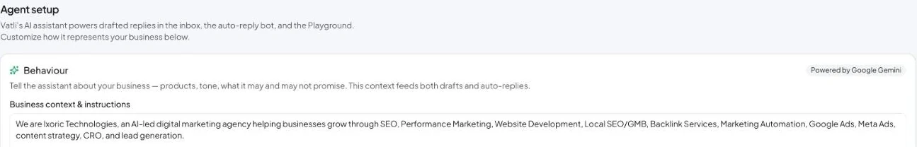 Agent setup: the business context feeds both drafts and auto-replies.