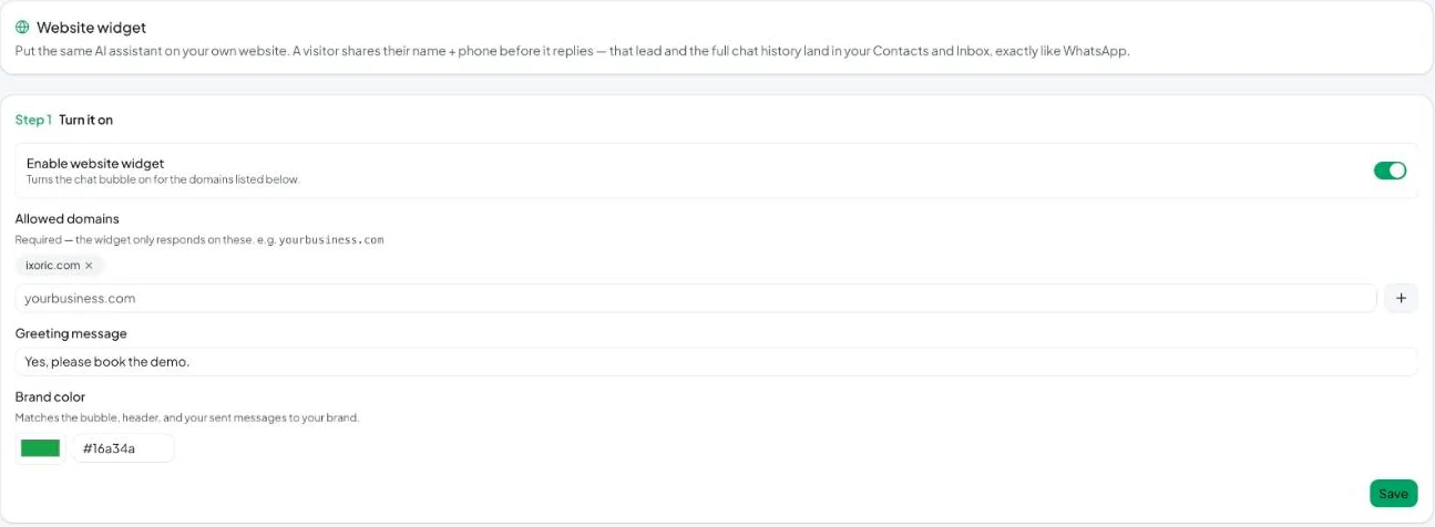 Step 1: enable the widget, add your domains, write a greeting and pick a brand colour.