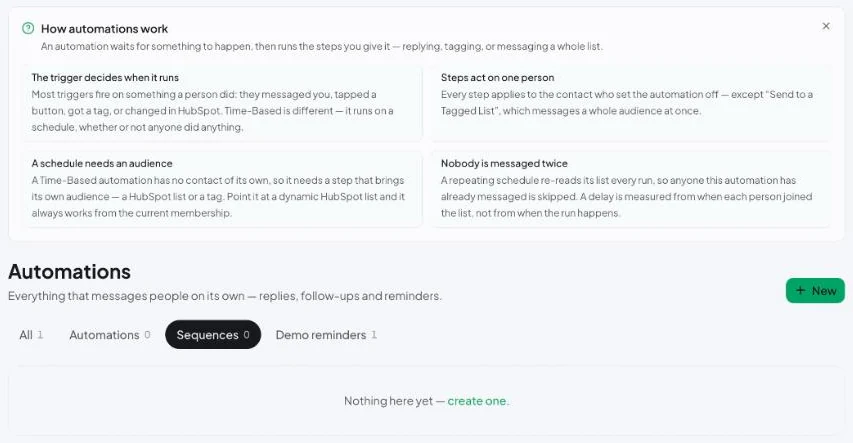 Automations page: tabs for All, Automations, Sequences and Demo reminders, and the New button.
