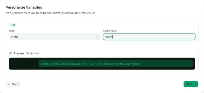Step 3: map each template variable to a contact field, a custom field or a fixed value.