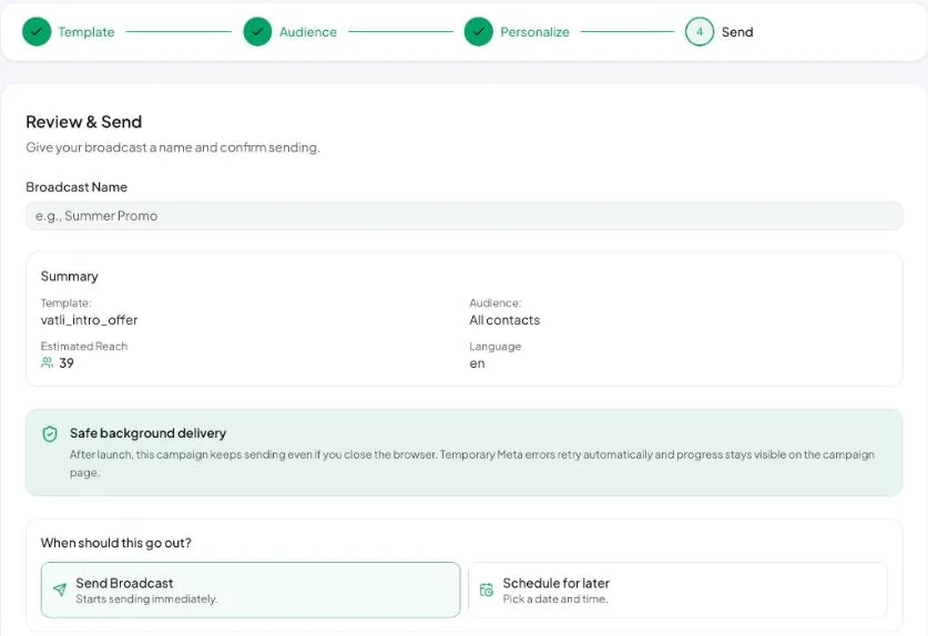 Step 4: name the campaign, review the summary and choose when it goes out.