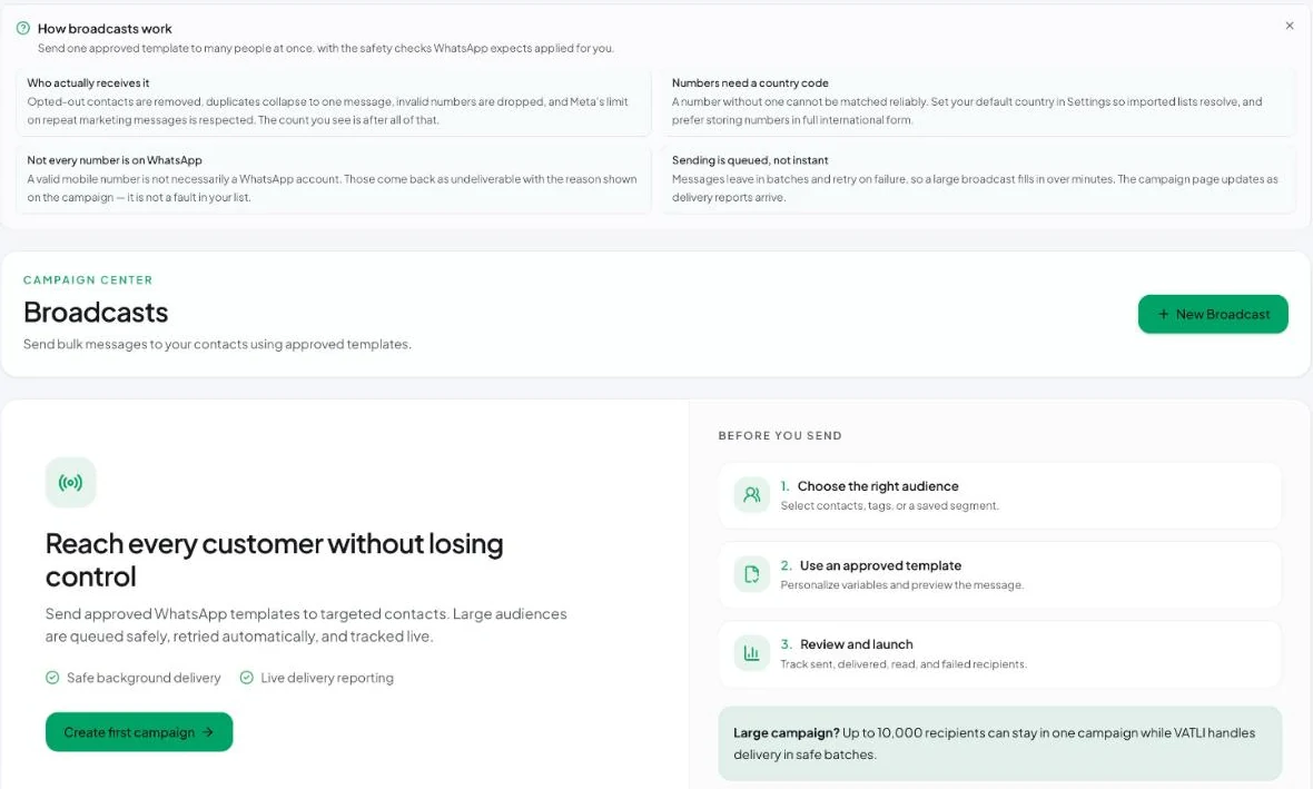 The Broadcasts page. Every campaign you send is listed here with its delivery and read rates.