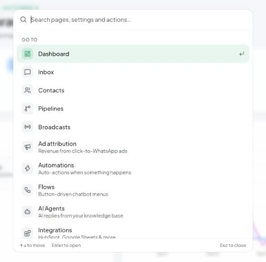 The command menu lists every page with a one-line hint, plus shortcuts to create things.
