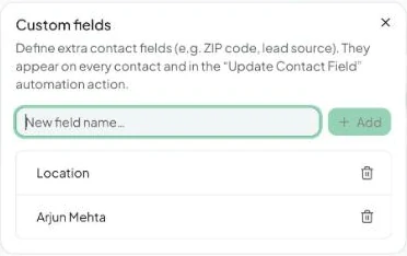 Custom fields appear on every contact and in the Update Contact Field automation step.