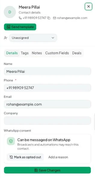 The contact panel with the Details tab and WhatsApp consent.