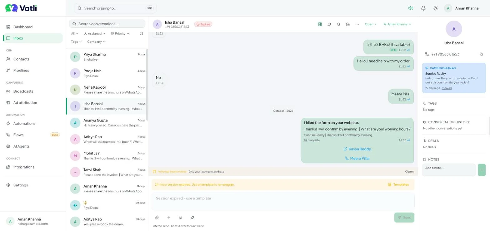 The inbox: conversations on the left, the chat in the middle, the contact on the right. Names and numbers in screenshots are examples.