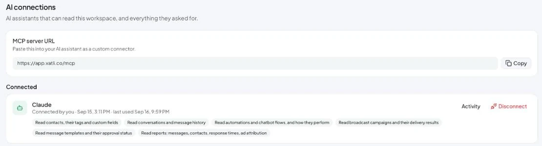 Settings → AI connections: the server URL, connected assistants and their activity.