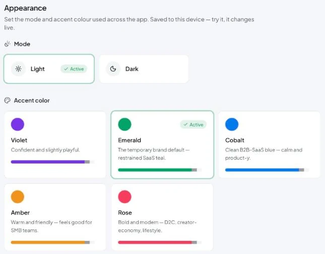 Appearance: light or dark mode and five accent colours.
