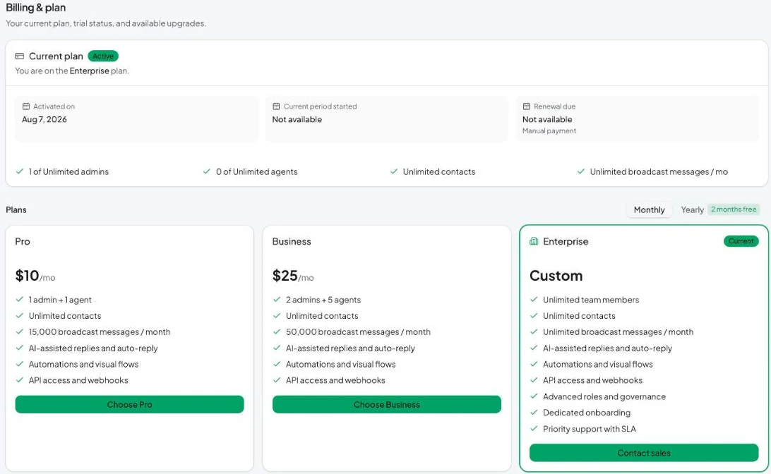 Settings → Billing & plan: your current plan, its dates and usage, and the plans you can switch to.