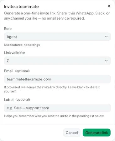 Invite a teammate: role, how long the link is valid, optional email and label.