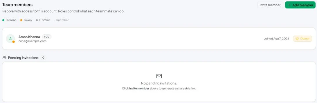 Settings → Team members: who's online, each member's role and pending invitations.