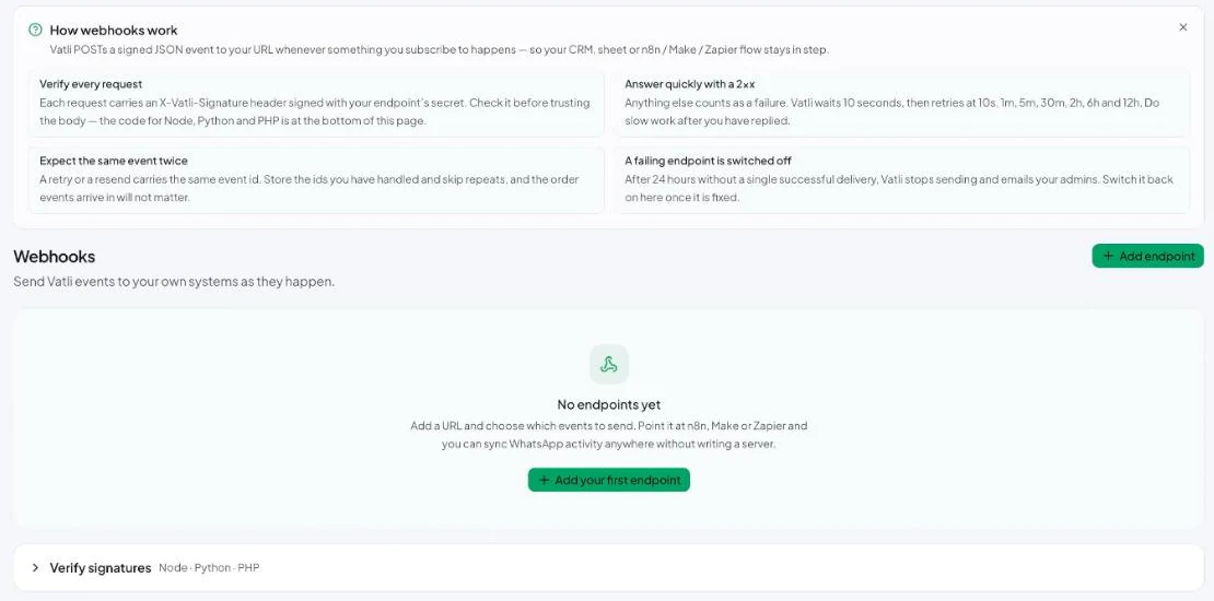 Settings → Webhooks.