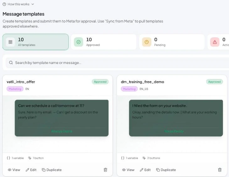 Settings → Templates: counts by status, filters and every template with a preview.