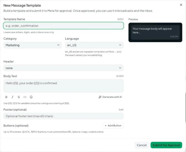 The New Message Template form, with a live preview on the right.