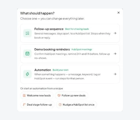 Vatli automation options: follow-up sequence, demo booking reminders, or a custom automation, plus HubSpot recipes