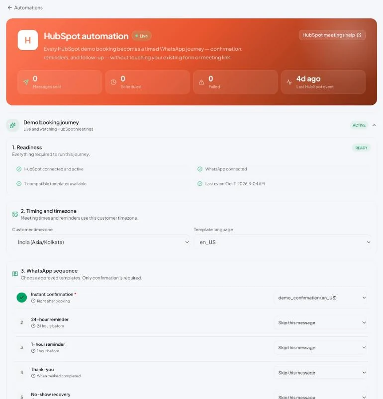 Vatli HubSpot demo booking journey with readiness checks, time zone and five WhatsApp messages