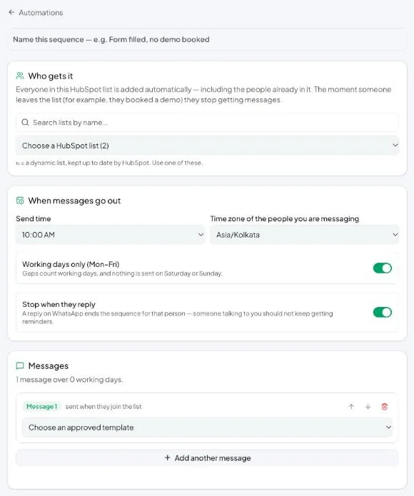 Vatli follow-up sequence editor with a HubSpot list, send time, working days and stop-on-reply settings