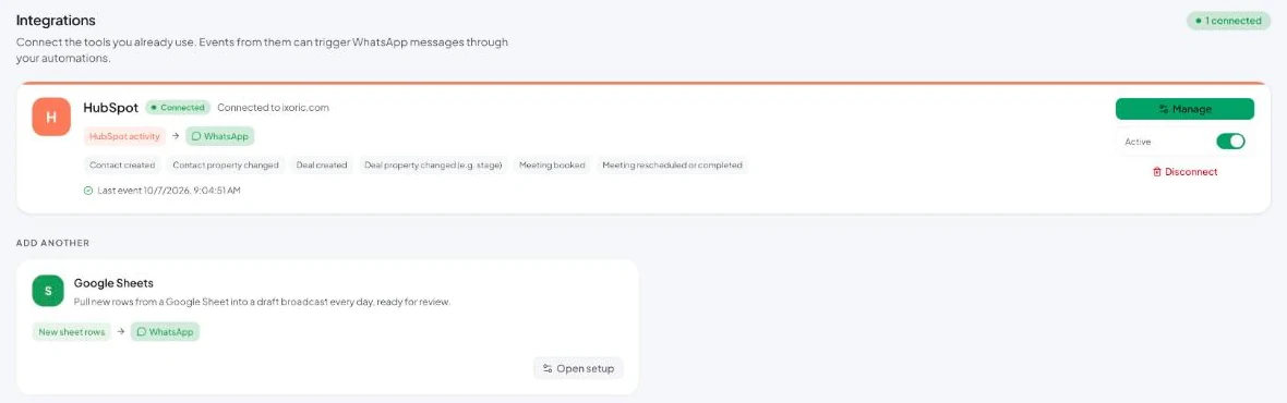 HubSpot connected in Vatli's Integrations page, showing the HubSpot events that can trigger WhatsApp messages
